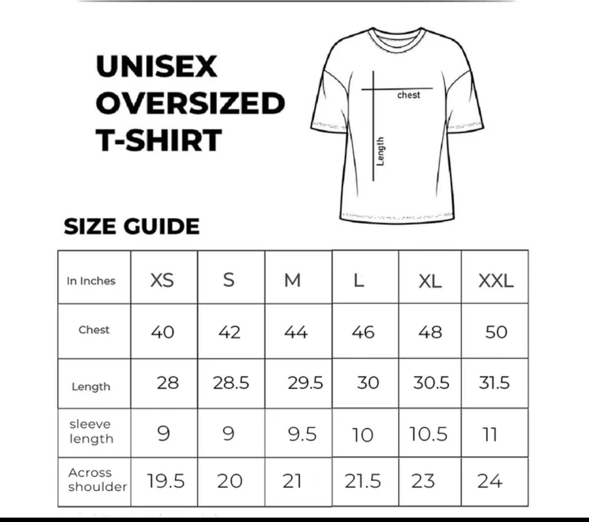 Size chart for The Zainly Shah Rukh Khan "King of Bollywood" Oversized T-Shirt for Men