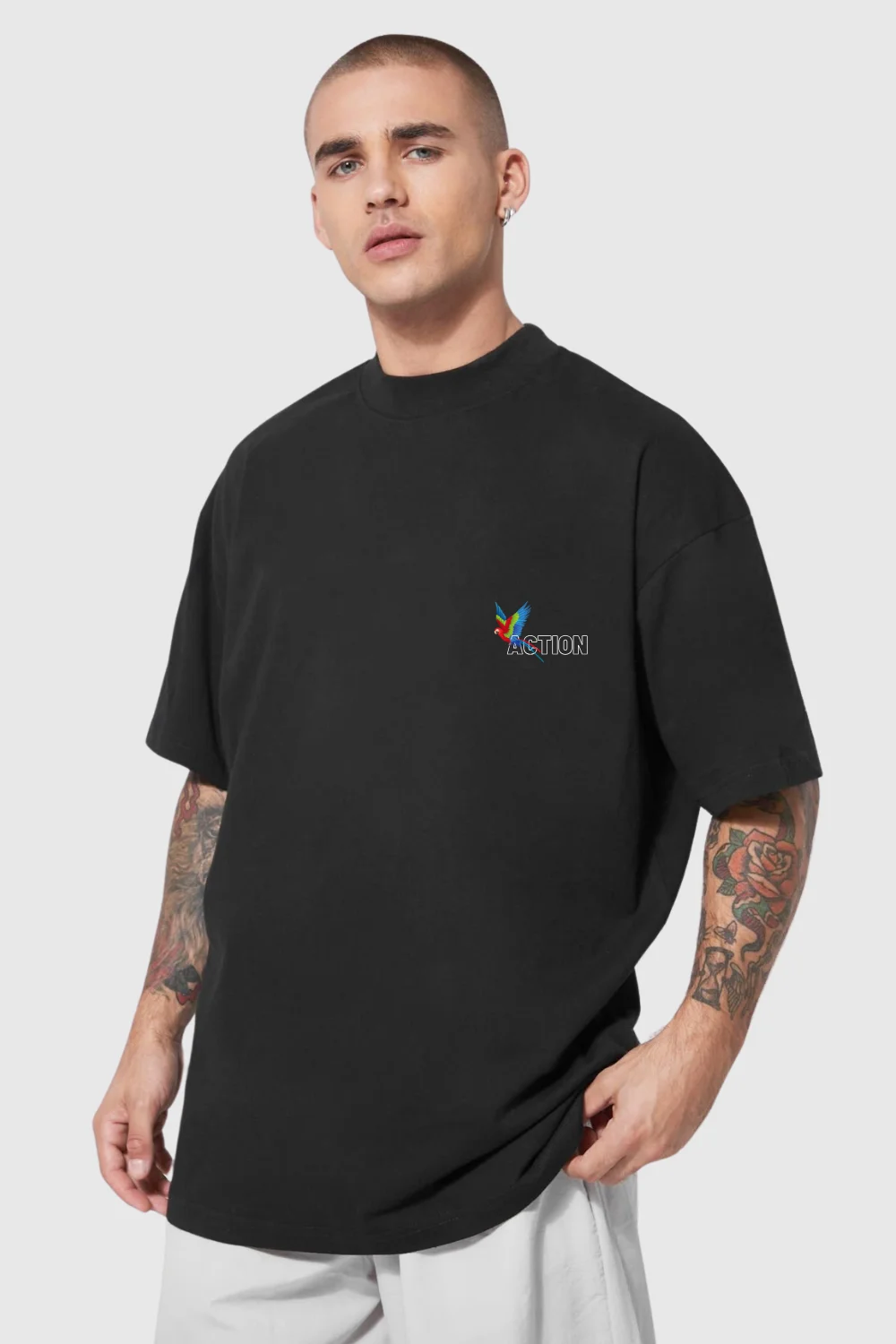 Hover view of Street Style Oversized T-Shirt – Macaw Art & Bold Text