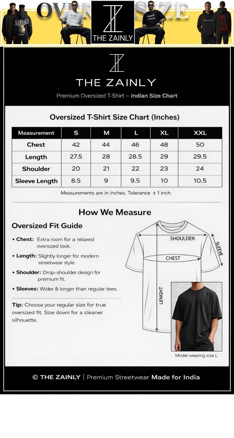 Size chart for The Eyes Reveal  Oversized Black T-Shirt – Gothic Mask Back Print | Heavyweight 100% Cotton Streetwear Tee