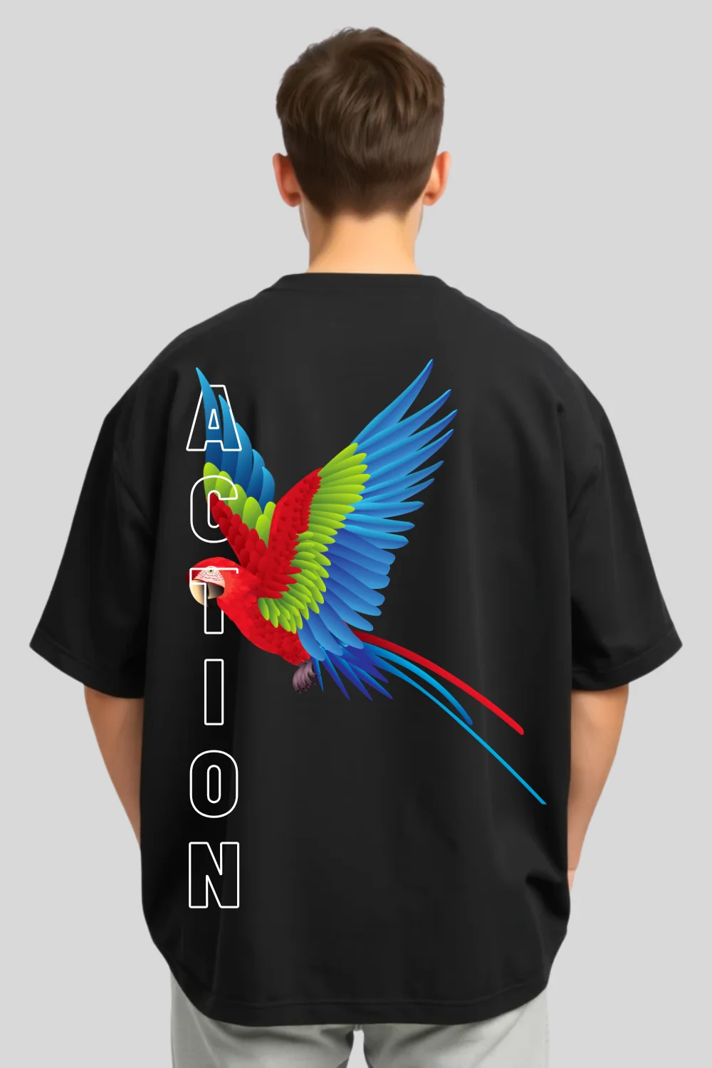 Front view of Street Style Oversized T-Shirt – Macaw Art & Bold Text