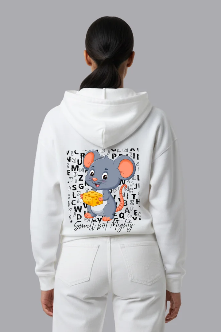 Front view of Cute Mouse  "Small but Mighty" Cartoon & Cheese Graphic Black Pullover for Women