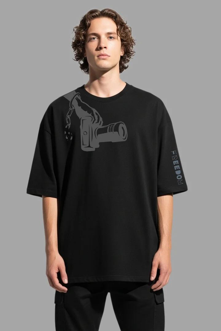Hover view of Freedom & Chaos Oversized T-Shirt – Black 100% Cotton Streetwear Graphic Tee for Men | THE ZAINLY