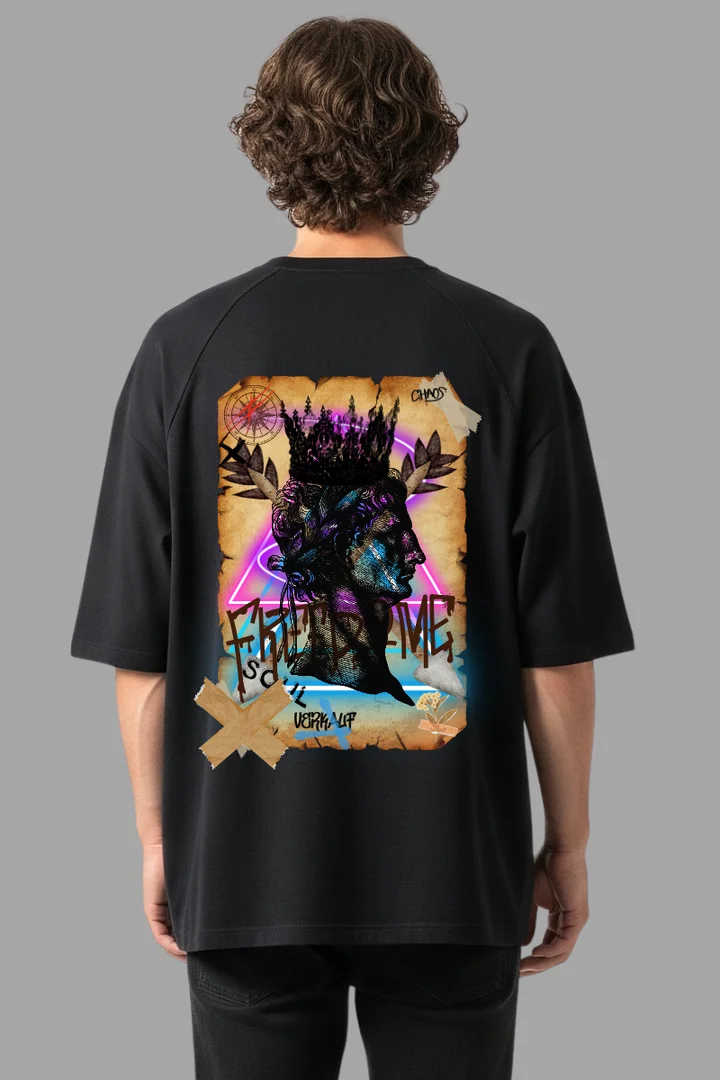 Front view of Freedom & Chaos Oversized T-Shirt – Black 100% Cotton Streetwear Graphic Tee for Men | THE ZAINLY