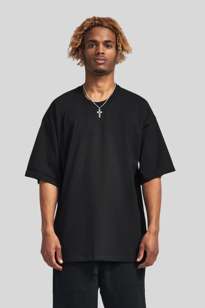 Front view of Plain Black Oversized T-shirt for Men – Minimalist Streetwear | THE ZAINLY