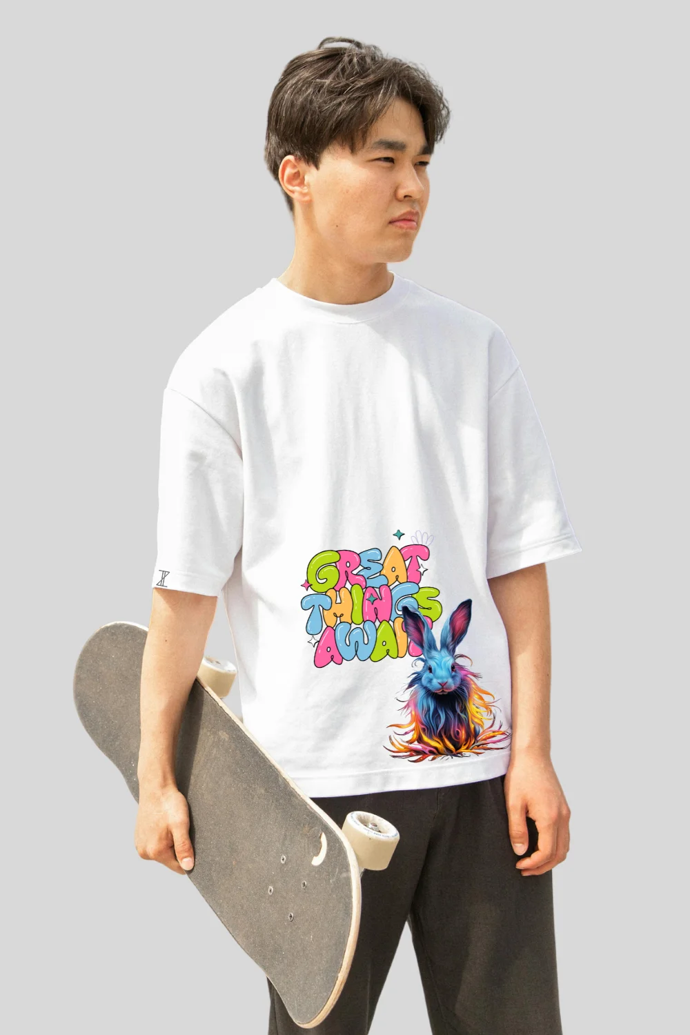 Hover view of Great Things Await Rabbit Oversized Tshirt 240 GSM Cotton