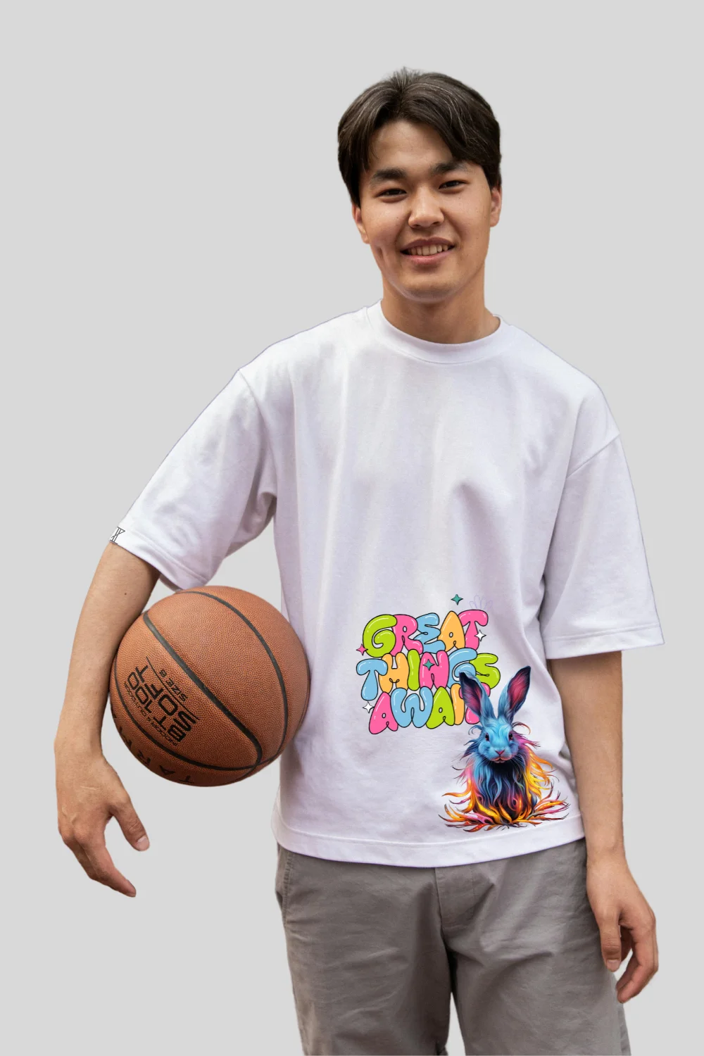 Front view of Great Things Await Rabbit Oversized Tshirt 240 GSM Cotton