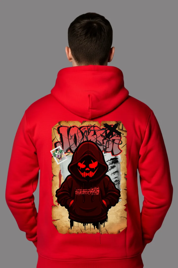 Front view of JOKER X Loose Fit Hoodie – Red Scary Face Gothic Streetwear for Men & Women | THE ZAINLY