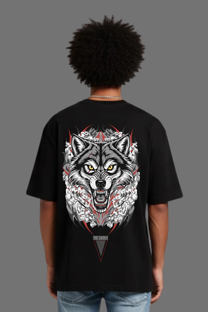 Front view of Lone Wolf Oversized Black T-Shirt | Premium Streetwear