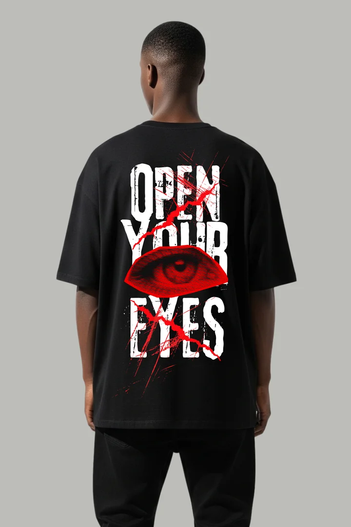 Open Your Eyes Oversized T-Shirt for Men & Women – THE ZAINLY (Black & White) Front view of Open Your Eyes Oversized T-Shirt for Men & Women – THE ZAINLY (Black & White)