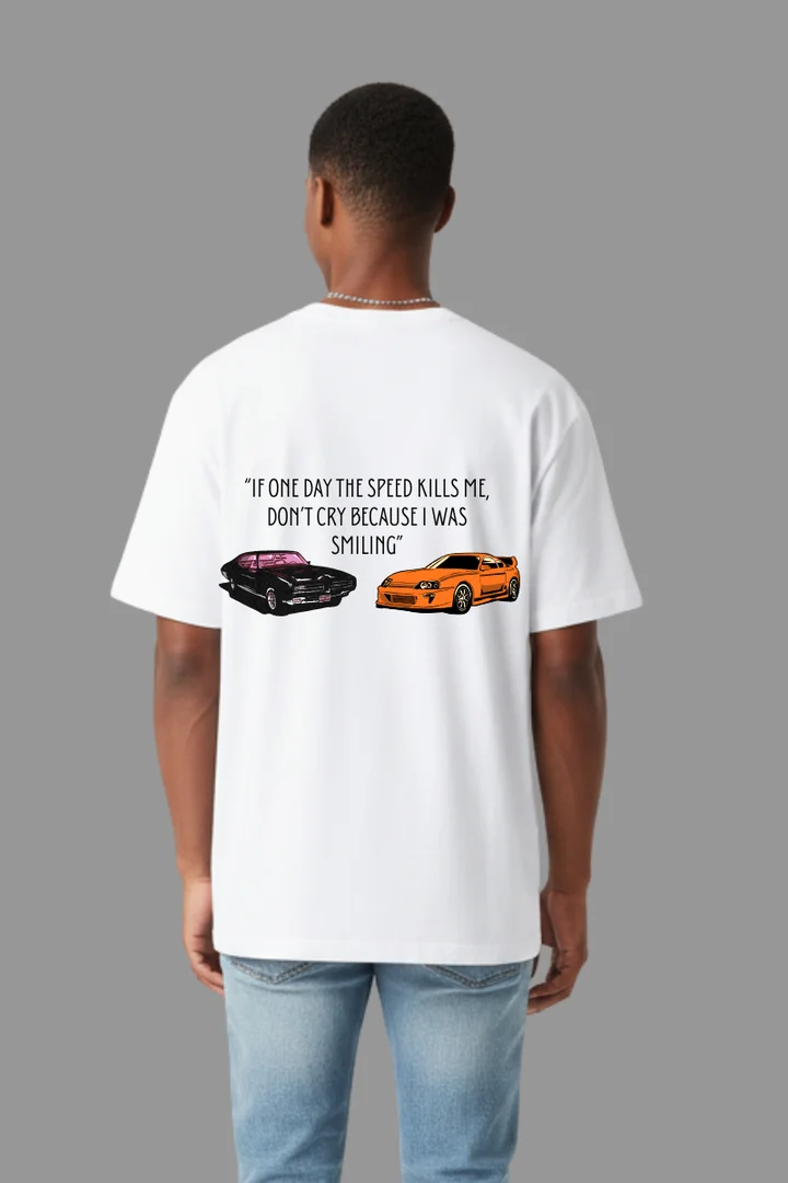 Front view of Paul Walker Tribute T-Shirt – “If Speed Kills Me” Quote with Toyota Supra Graphic | Premium Unisex Tee