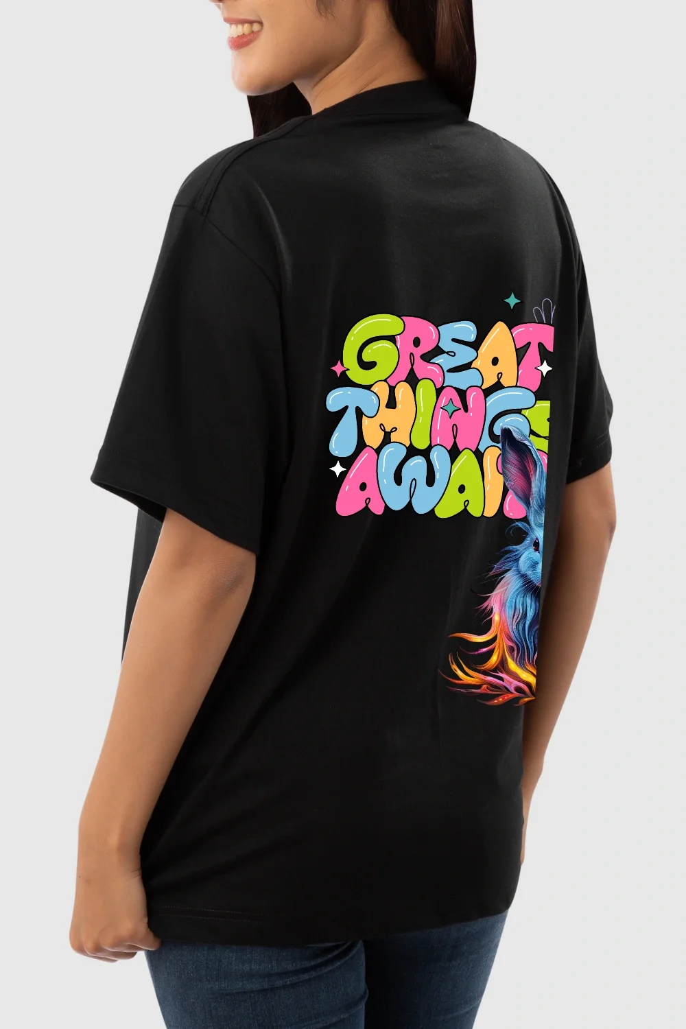 Hover view of Great Things Await – Girls' Black Graphic T-Shirt with Bunny Print