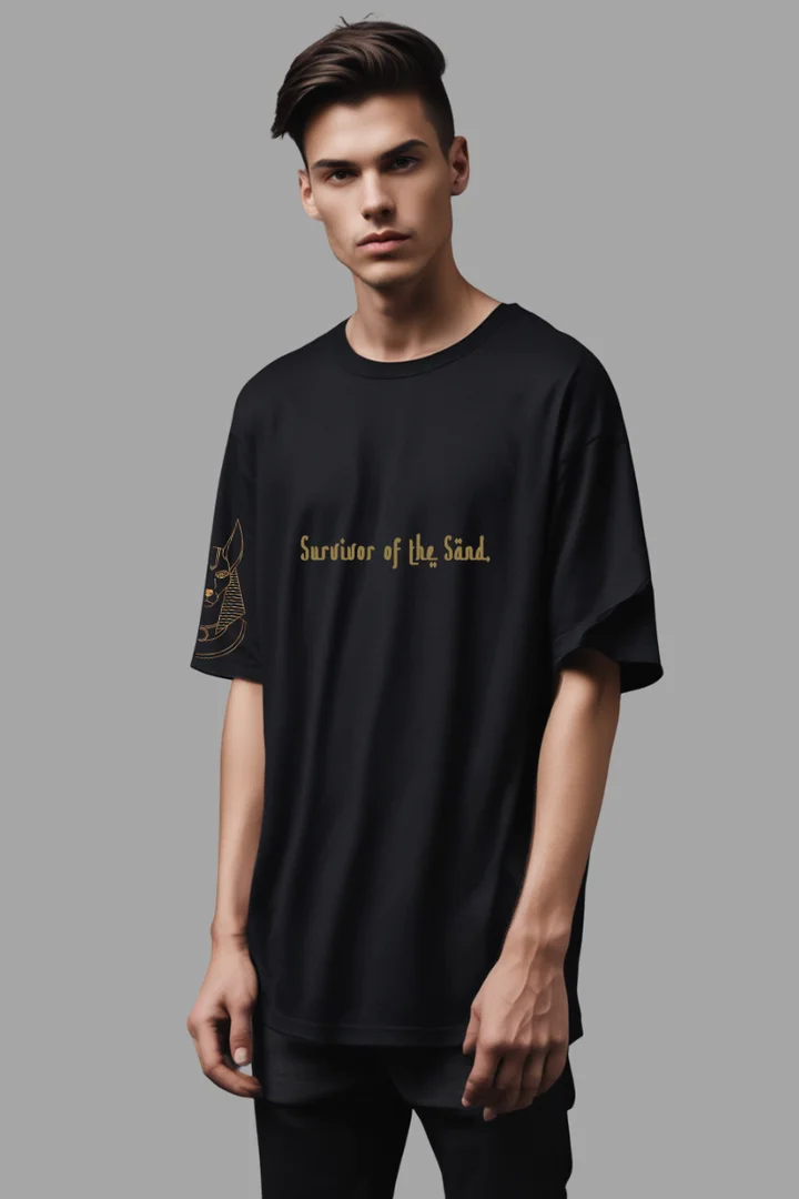 Front view of Raw Soul Oversized T-Shirt – Black Streetwear Graphic Tee with Desert Camel & Egyptian Hieroglyphics