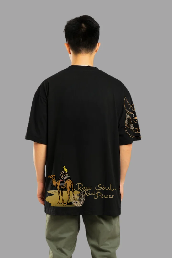 Hover view of Raw Soul Oversized T-Shirt – Black Streetwear Graphic Tee with Desert Camel & Egyptian Hieroglyphics