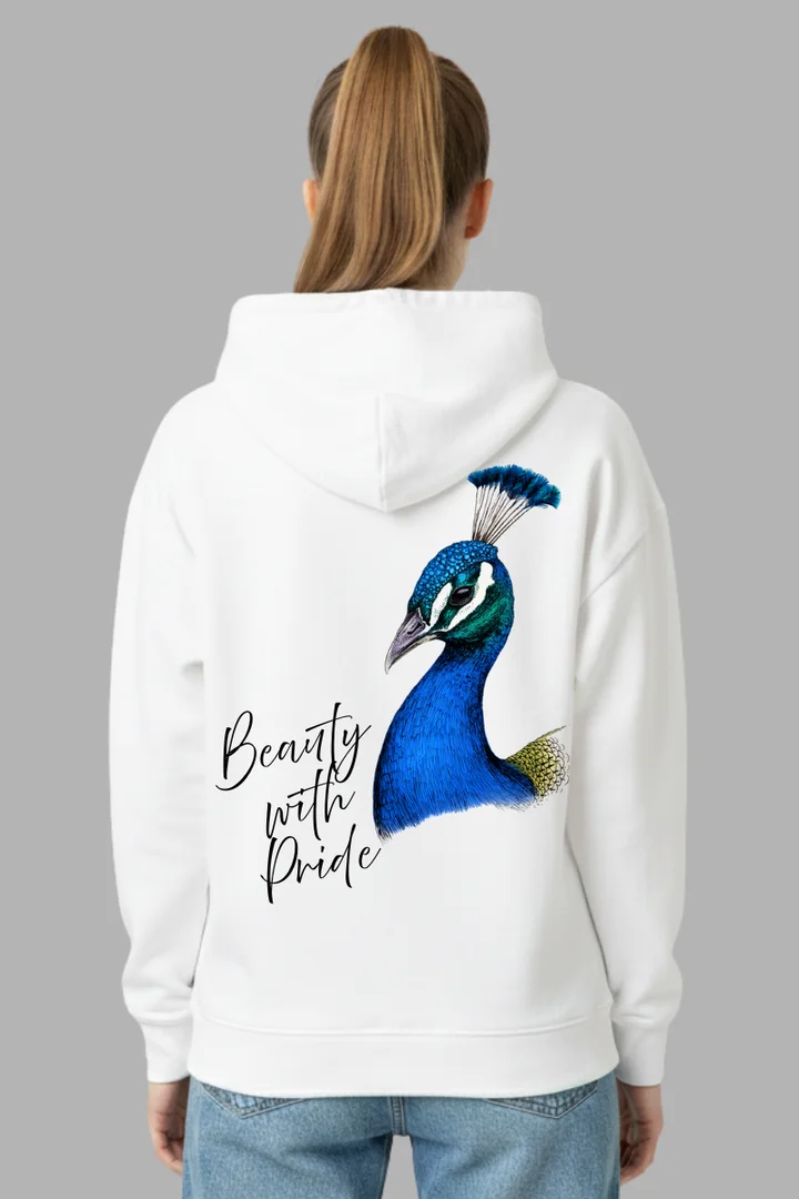 Front view of Royal by Nature Peacock Feather Hoodie for Women – “Beauty with Pride” Graphic Pullover (White & Black)