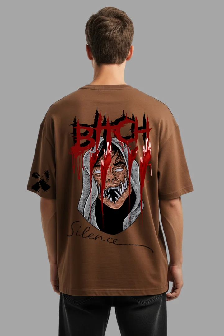 Front view of B!TCH Silence Oversized T-Shirt | Horror Graphic Streetwear by THE ZAINLY