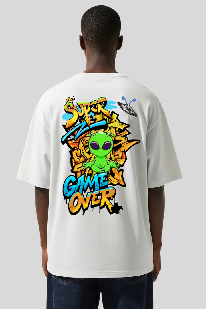 Front view of Super Alien “Game Over” Oversized T-Shirt – Street Graffiti Edition | THE ZAINLY