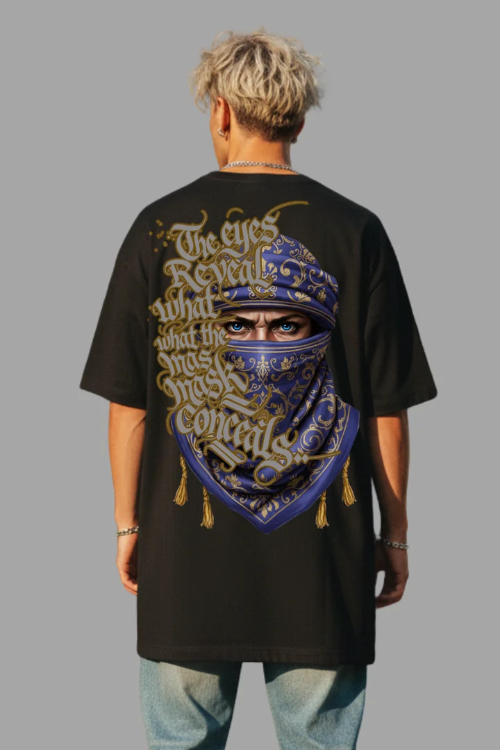 Hover view of The Eyes Reveal  Oversized Black T-Shirt – Gothic Mask Back Print | Heavyweight 100% Cotton Streetwear Tee