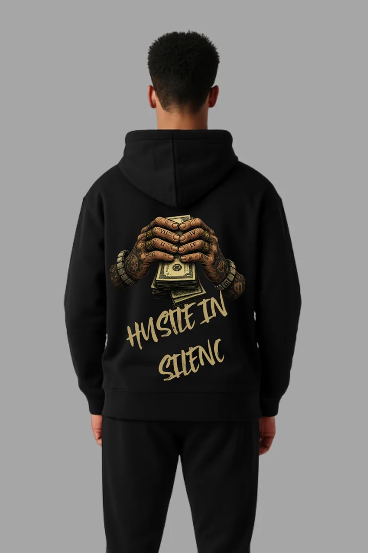 Front view of Hustle In Silence Hoodie – Money Graphic Back Print | Premium 100% Cotton Streetwear Sweatshirt (Black)