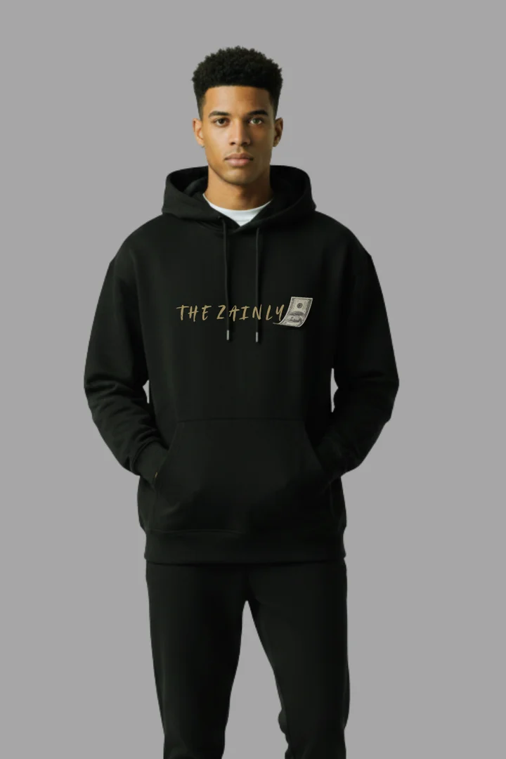 Hover view of Hustle In Silence Hoodie – Money Graphic Back Print | Premium 100% Cotton Streetwear Sweatshirt (Black)