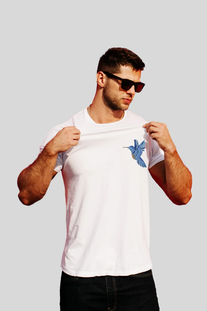 Front view of Men’s T-Shirt with Blue Embroidered Hummingbird – Black & White