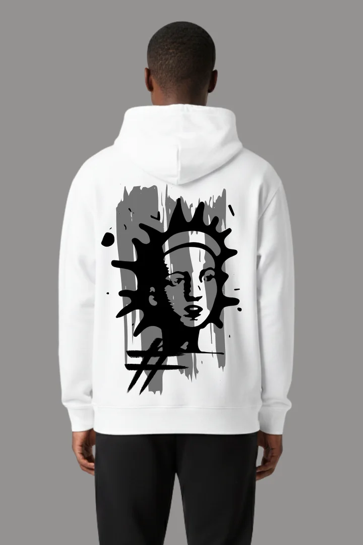 Hover view of Urban Graffiti Face Art Hoodie – Front NY Logo + Back Artistic Portrait | Unisex Premium Streetwear Hoodie (White/Black)