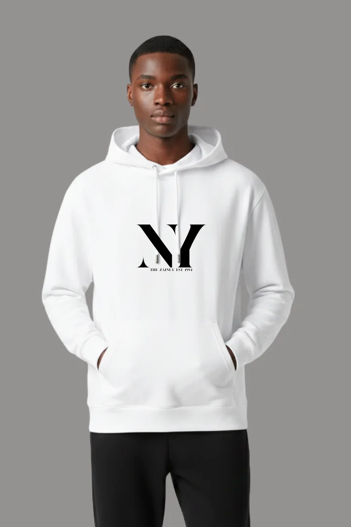 Front view of Urban Graffiti Face Art Hoodie – Front NY Logo + Back Artistic Portrait | Unisex Premium Streetwear Hoodie (White/Black)