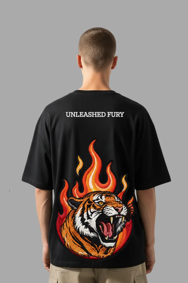 Front view of Roaring Blaze Tiger Graphic Oversized Tees