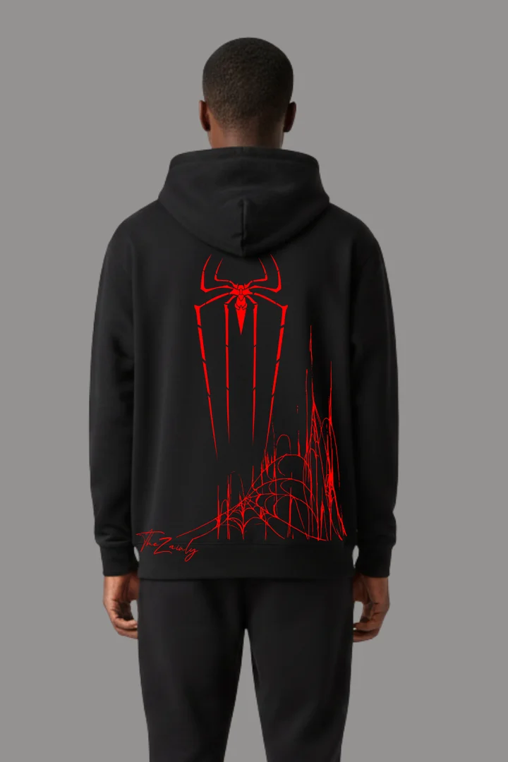 Hover view of WEBDIVISION “Red Venom Webstrike” LoosFit Black Hoodie – Men & Women