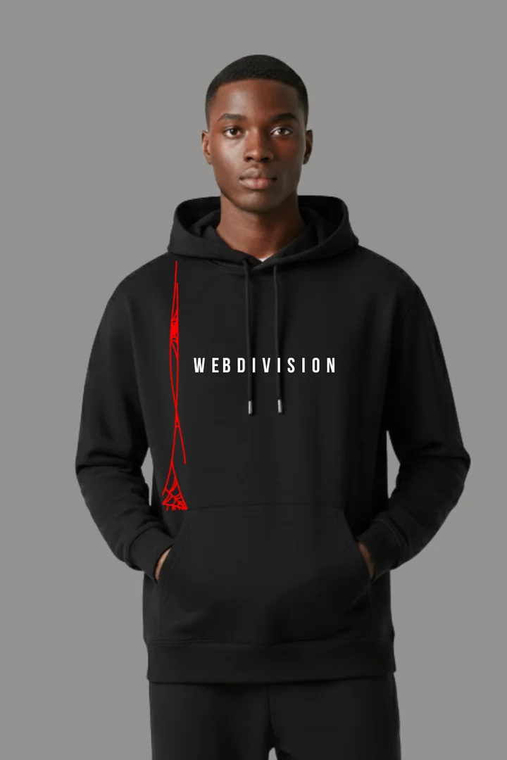 Front view of WEBDIVISION “Red Venom Webstrike” LoosFit Black Hoodie – Men & Women