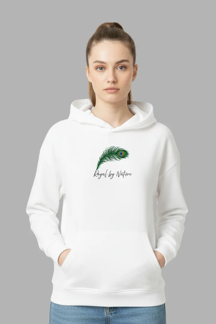 Hover view of Royal by Nature Peacock Feather Hoodie for Women – “Beauty with Pride” Graphic Pullover (White & Black)