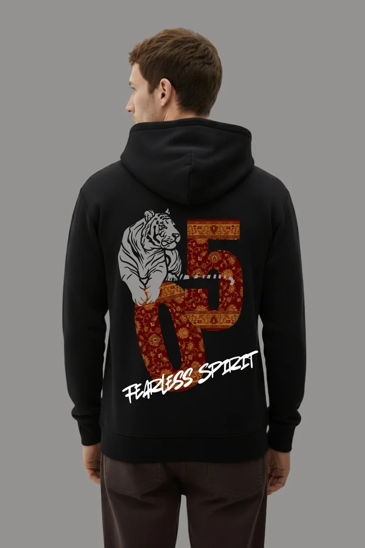 Front view of Wild Division Men’s “Fearless 05” Tiger Back-Print Oversized Hoodie – Black & White