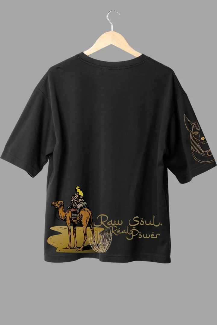 Raw Soul Oversized T-Shirt – Black Streetwear Graphic Tee with Desert Camel & Egyptian Hieroglyphics Raw Soul Oversized T-Shirt – Black Streetwear Graphic Tee with Desert Camel & Egyptian Hieroglyphics in black