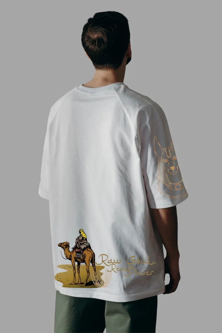 Raw Soul Oversized T-Shirt – Black Streetwear Graphic Tee with Desert Camel & Egyptian Hieroglyphics Raw Soul Oversized T-Shirt – Black Streetwear Graphic Tee with Desert Camel & Egyptian Hieroglyphics in White