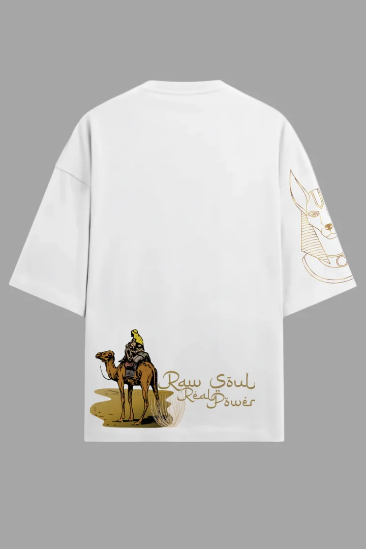 Raw Soul Oversized T-Shirt – Black Streetwear Graphic Tee with Desert Camel & Egyptian Hieroglyphics Raw Soul Oversized T-Shirt – Black Streetwear Graphic Tee with Desert Camel & Egyptian Hieroglyphics in White